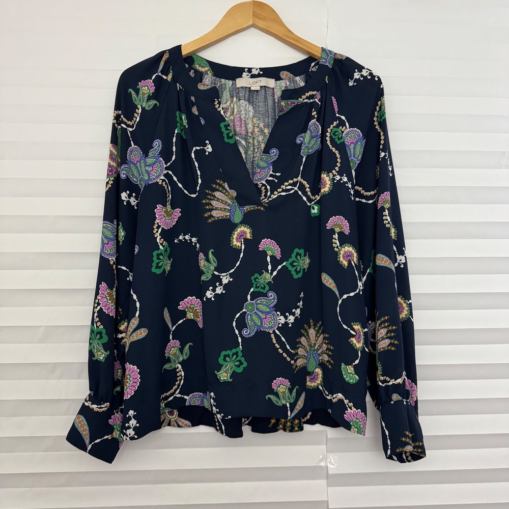 Loft‎ Womens Navy Blue Peacock Floral Paisley V-Neck Long Sleeve Blouse L Office